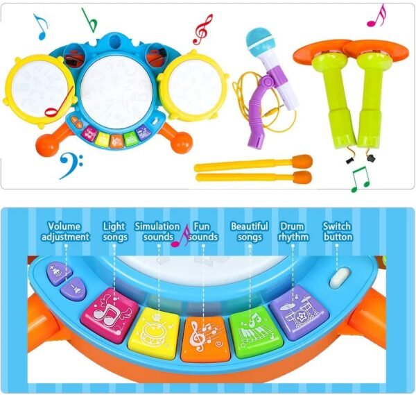 Kids Drum Set Toddler Toys With Adjustable Microphone Musical Instruments Playset - Image 3